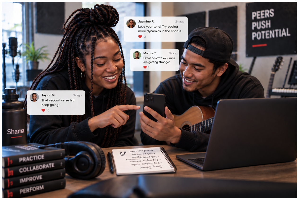 Two artists reading fan feedback on a phone